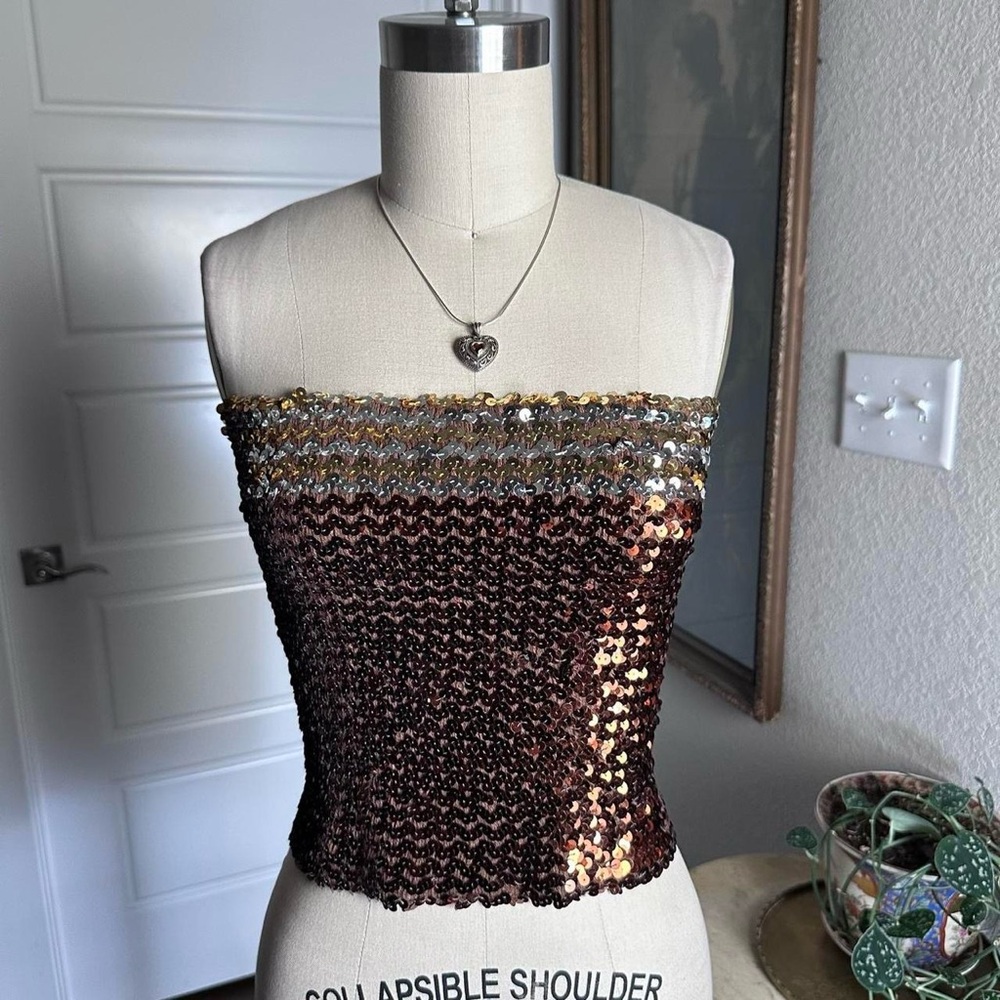 Vintage 1970s brown, gold and silver sequin going out party tube top Size S-M